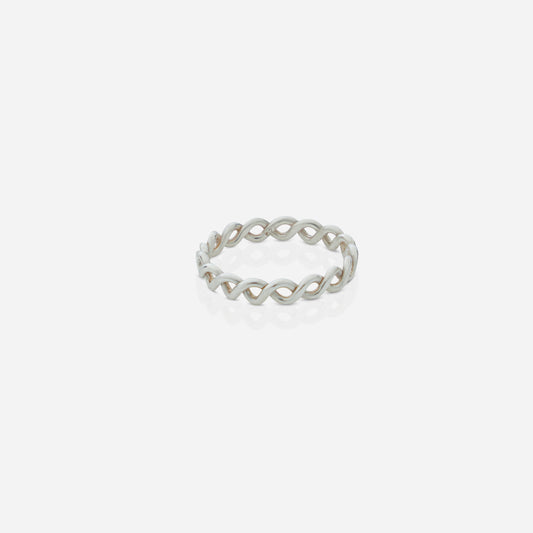 Silver ring with a chain design on a white background