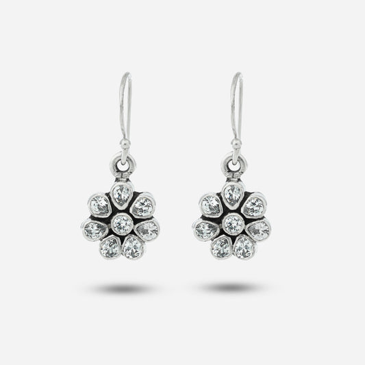 Pair of silver earrings with floral design on a white background