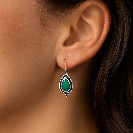 Green Teardrop Silver Earrings