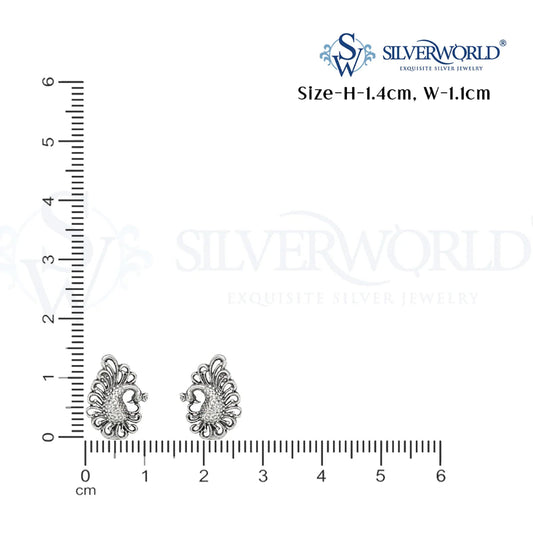 Silver earrings with a ruler for size measurement on a white background, featuring the SilverWorld brand.