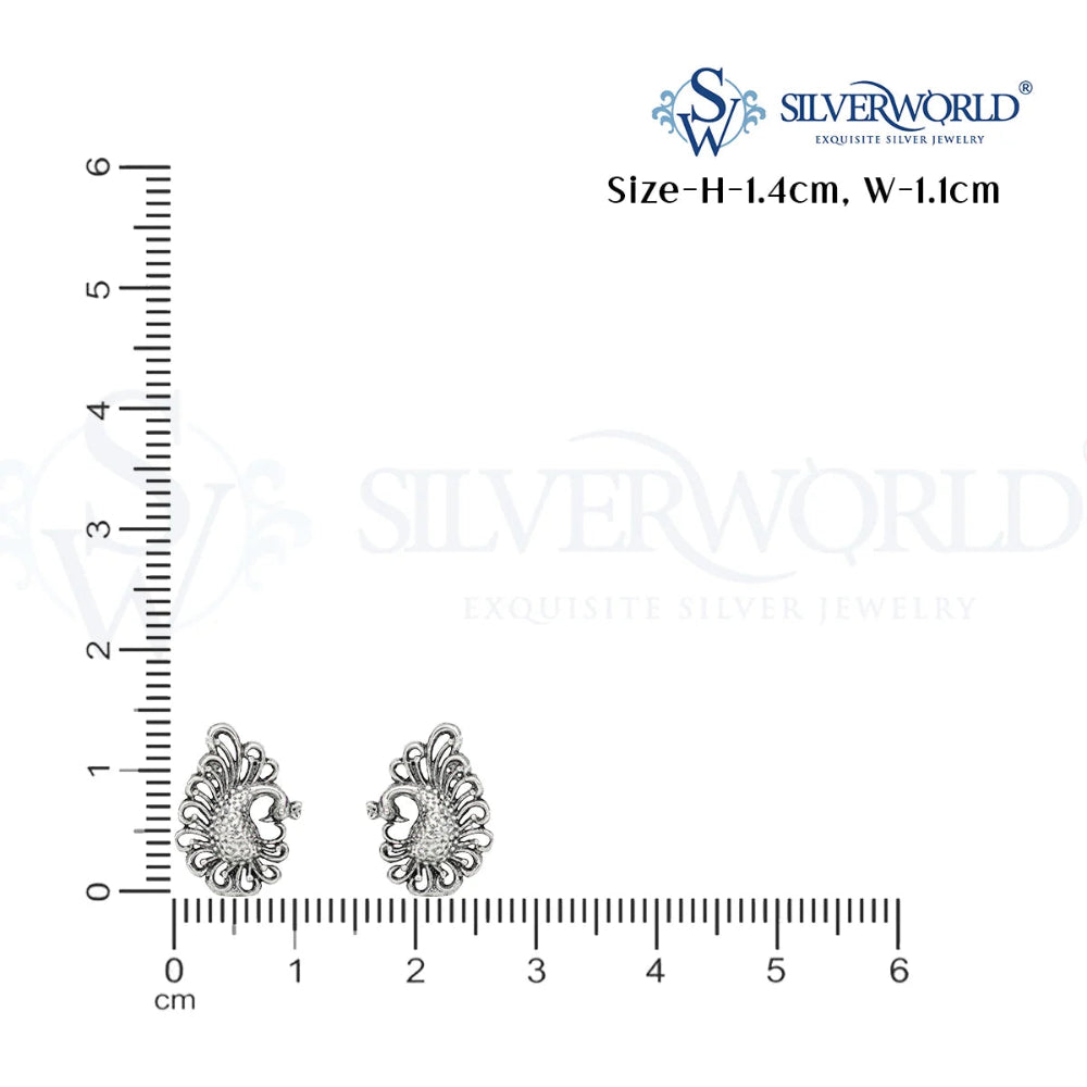 Silver earrings with a ruler for size measurement on a white background, featuring the SilverWorld brand.