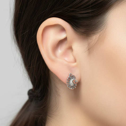 Silver Peacock Feather Earrings