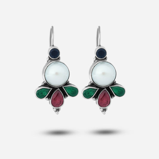 Pair of silver stone earrings with gemstones on a white background