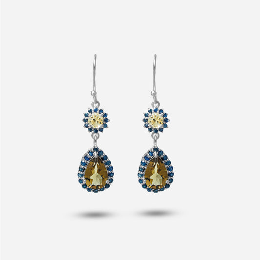 Pair of earrings with teardrop-shaped gemstones on a white background