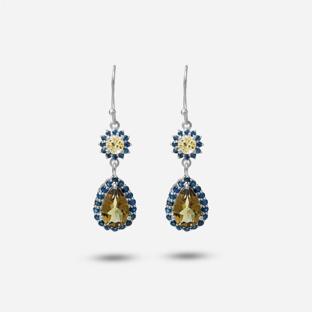 Pair of earrings with teardrop-shaped gemstones on a white background