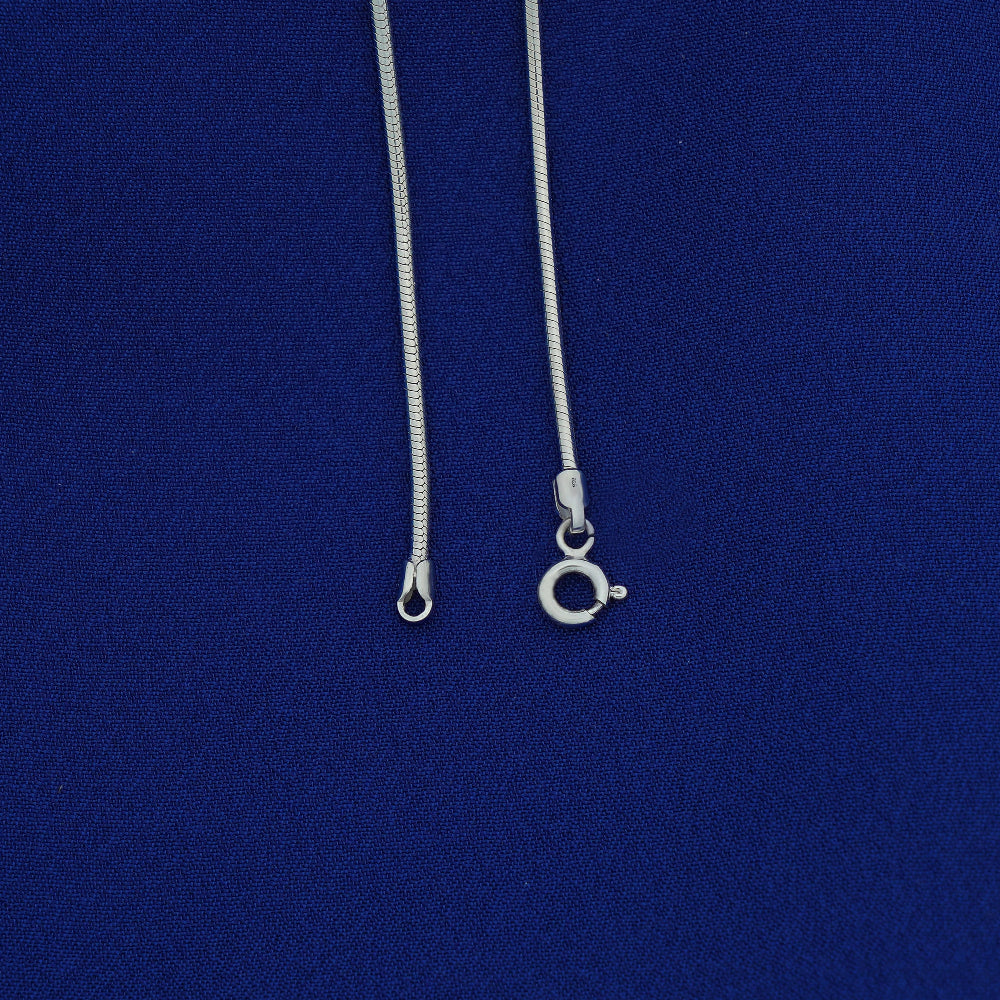 Silver necklace with clasp on a blue background