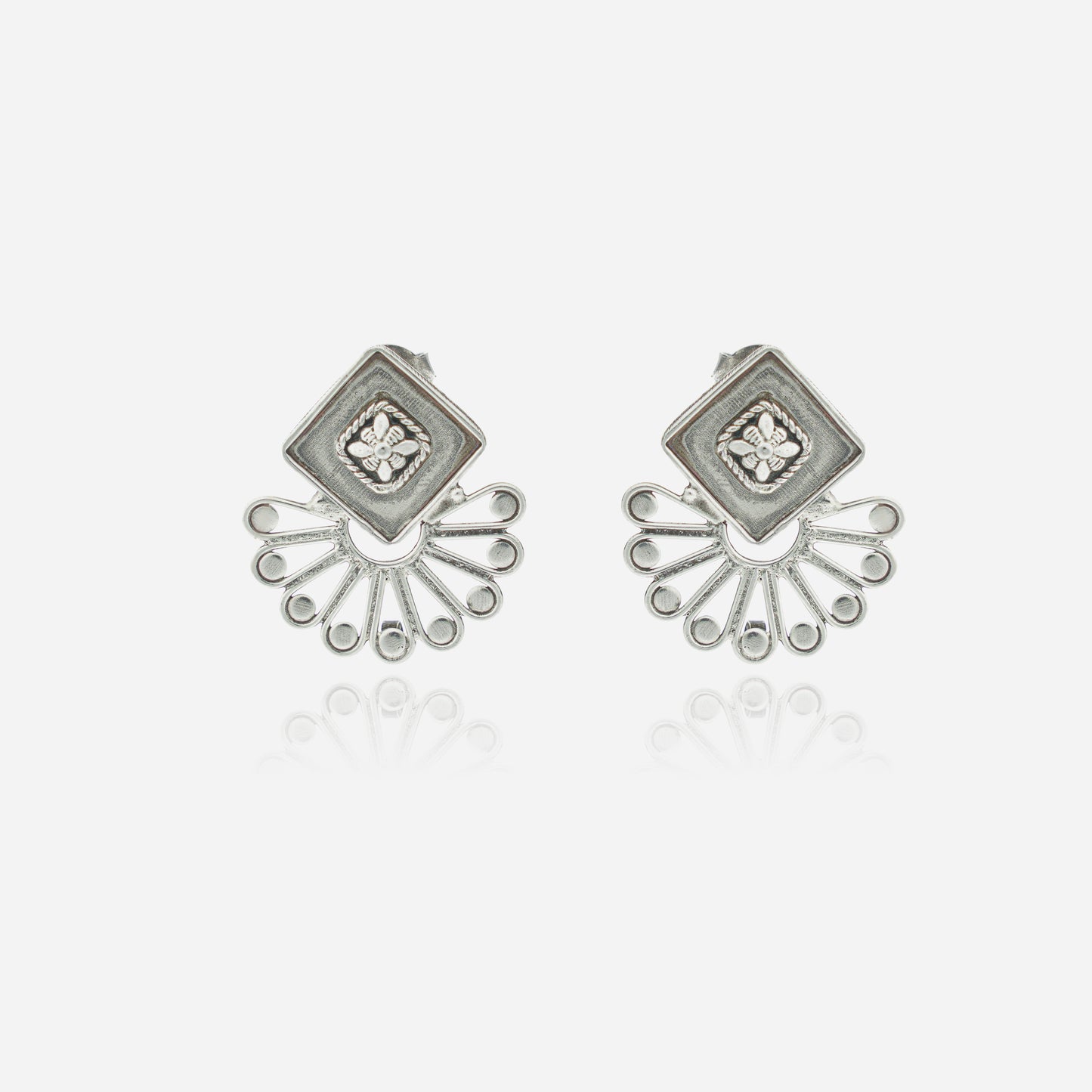 925 Sterling Silver Tribal Geometric Bloom Stud Earrings for women featuring a sharp square sunburst silhouette and a heritage oxidized finish.