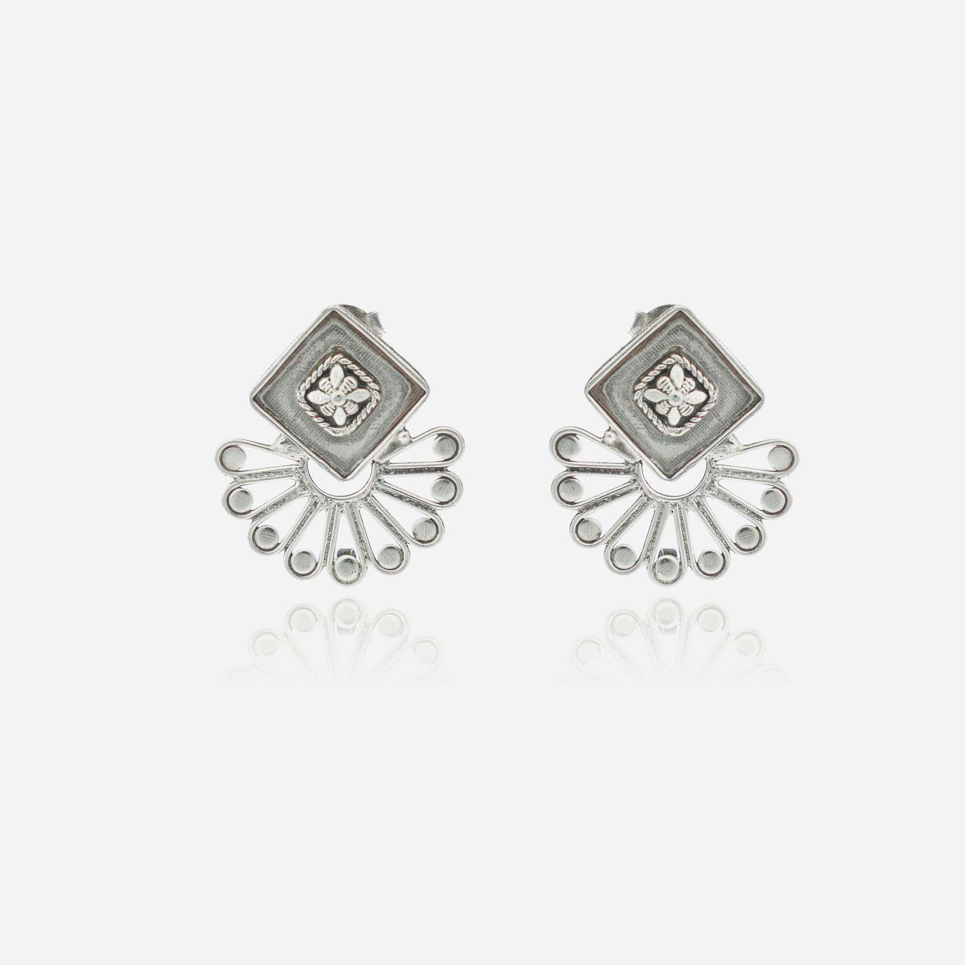 925 Sterling Silver Tribal Geometric Bloom Stud Earrings for women featuring a sharp square sunburst silhouette and a heritage oxidized finish.