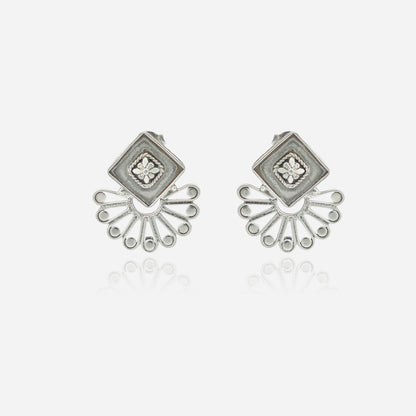 925 Sterling Silver Tribal Geometric Bloom Stud Earrings for women featuring a sharp square sunburst silhouette and a heritage oxidized finish.