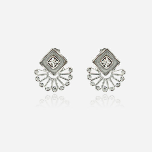 925 Sterling Silver Tribal Geometric Bloom Stud Earrings for women featuring a sharp square sunburst silhouette and a heritage oxidized finish.