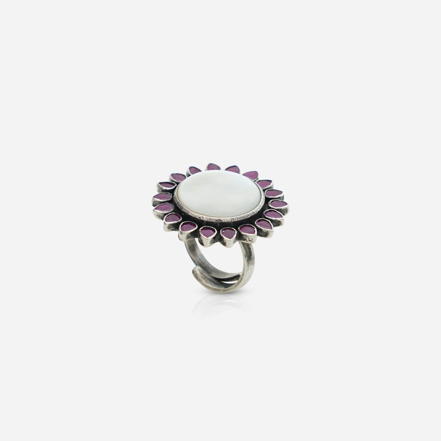 925 Sterling Silver Sea Shell and Pink Zirconia Ring for women featuring a handcrafted heritage floral motif and adjustable band.