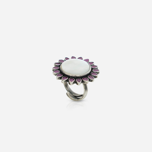 925 Sterling Silver Sea Shell and Pink Zirconia Ring for women featuring a handcrafted heritage floral motif and adjustable band.