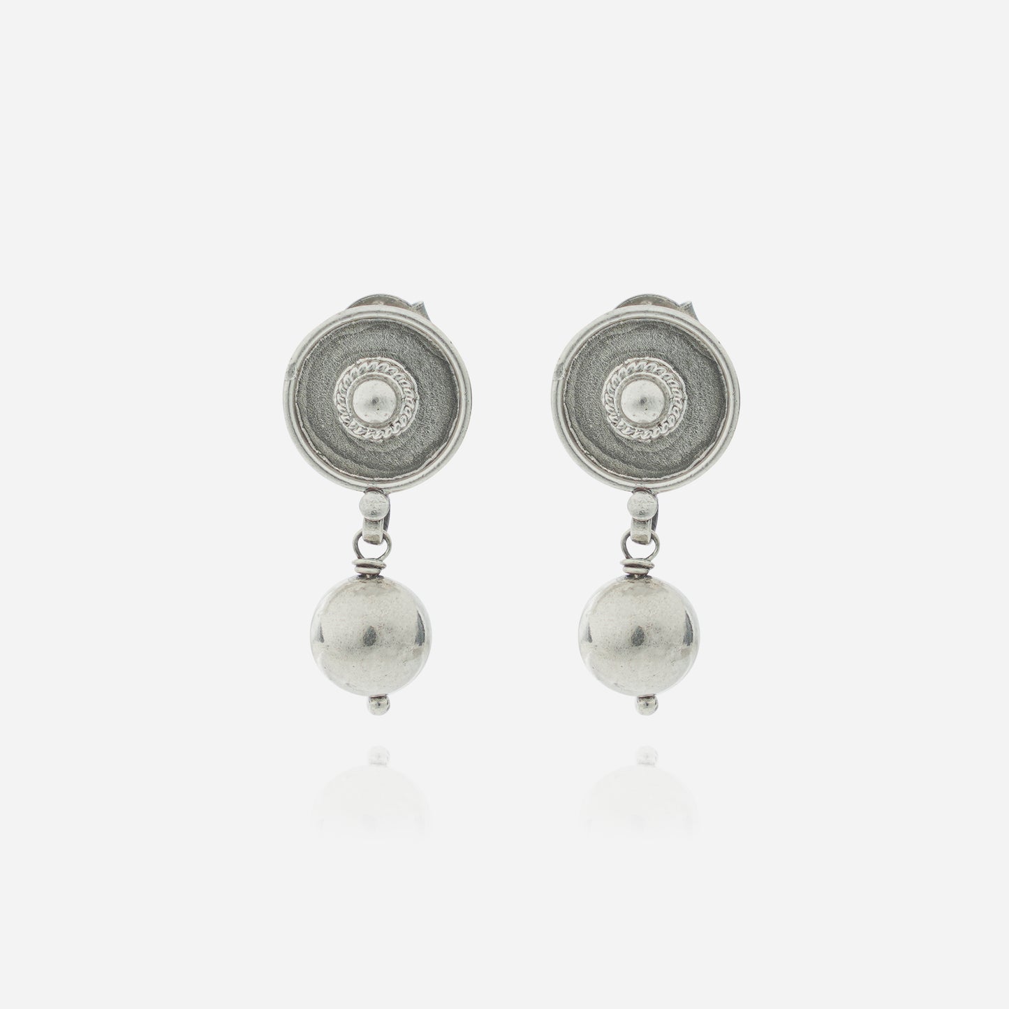 925 Sterling Silver Tribal Medallion Ball Dangler Earrings for women featuring a handcrafted sunburst stud and a high-polish heritage silver sphere.