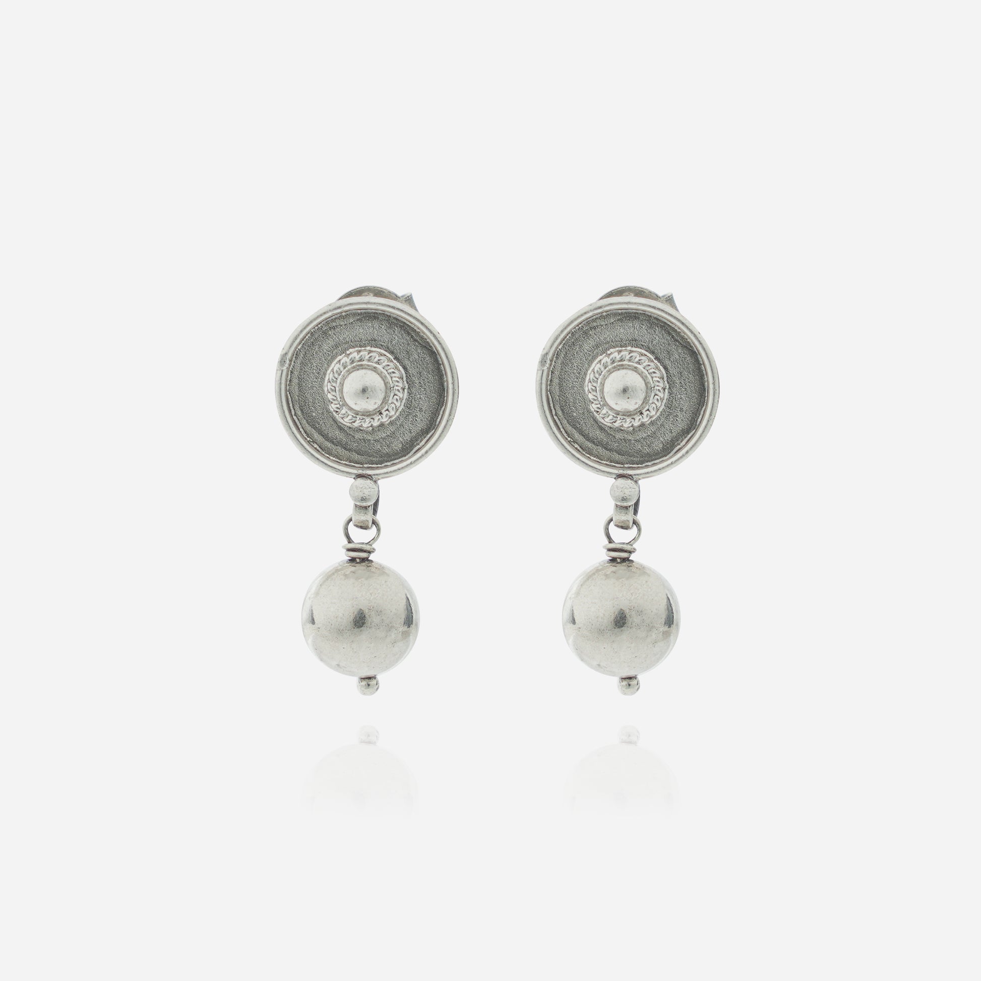 925 Sterling Silver Tribal Medallion Ball Dangler Earrings for women featuring a handcrafted sunburst stud and a high-polish heritage silver sphere.
