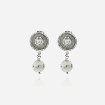 925 Sterling Silver Tribal Medallion Ball Dangler Earrings for women featuring a handcrafted sunburst stud and a high-polish heritage silver sphere.