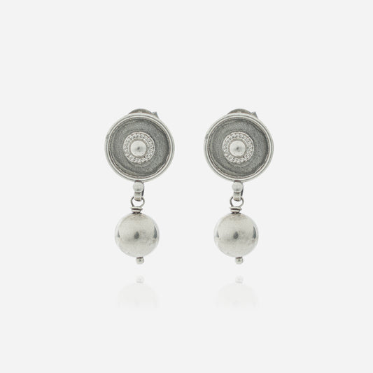 925 Sterling Silver Tribal Medallion Ball Dangler Earrings for women featuring a handcrafted sunburst stud and a high-polish heritage silver sphere.