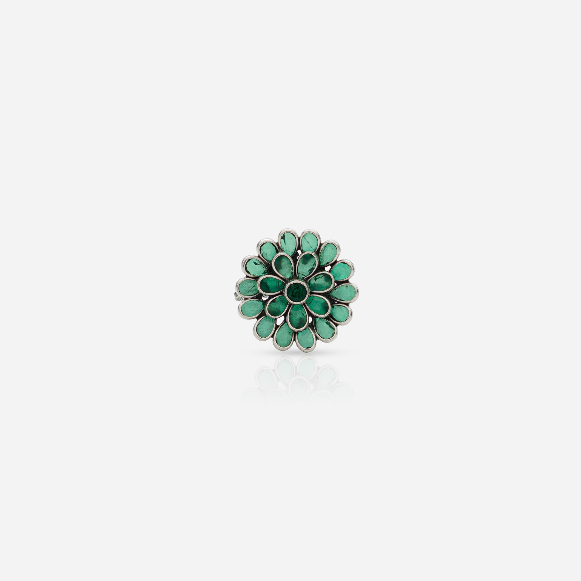 Adjustable 925 Silver Ring for women with emerald green stone floral motif and handcrafted heritage spiral band.