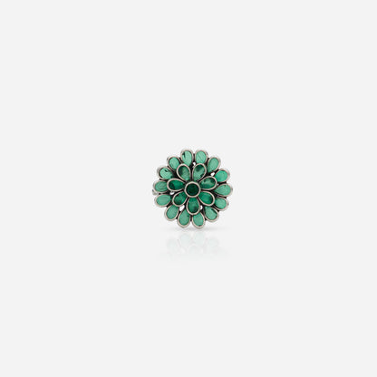 Adjustable 925 Silver Ring for women with emerald green stone floral motif and handcrafted heritage spiral band.
