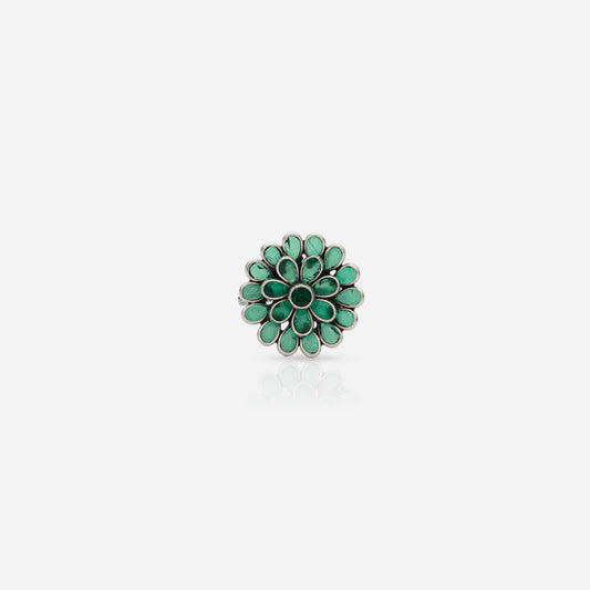 Adjustable 925 Silver Ring for women with emerald green stone floral motif and handcrafted heritage spiral band.