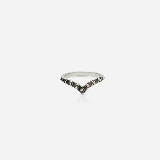 925 Silver V-Shape Chevron Ring for women with oxidized Rawa work detailing and handcrafted heritage design.
