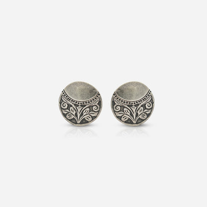 925 Sterling Silver Tribal Medallion Stud Earrings for women featuring handcrafted floral engravings and a heritage oxidized finish.
