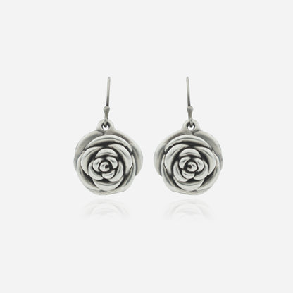 925 Sterling Silver Eternal Rose Earrings for women featuring a 3D hand-sculpted floral design and a heritage oxidized finish.