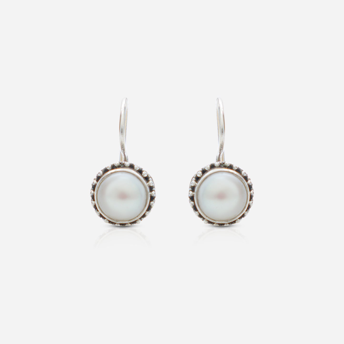 925 Sterling Silver Moon-Drop Pearl Hook Earrings for women featuring handcrafted tribal beaded detailing and a heritage oxidized finish.