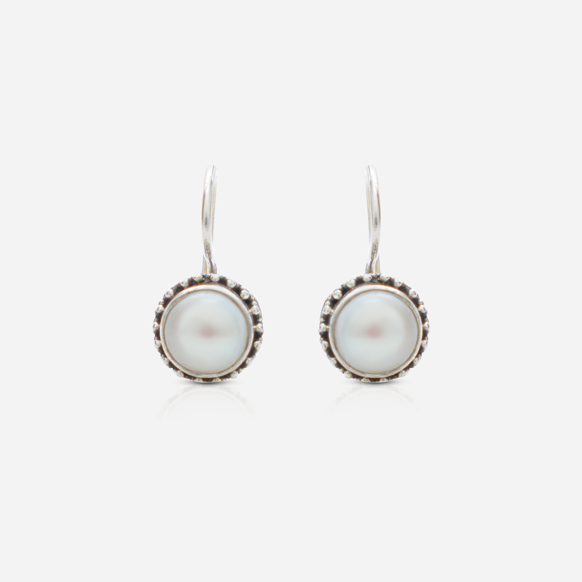 925 Sterling Silver Moon-Drop Pearl Hook Earrings for women featuring handcrafted tribal beaded detailing and a heritage oxidized finish.
