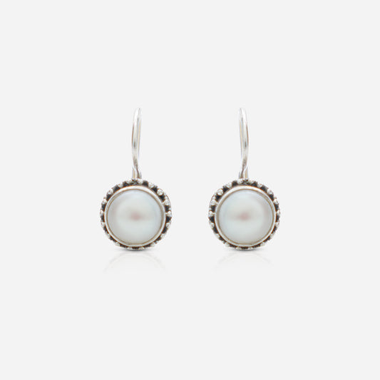 925 Sterling Silver Moon-Drop Pearl Hook Earrings for women featuring handcrafted tribal beaded detailing and a heritage oxidized finish.