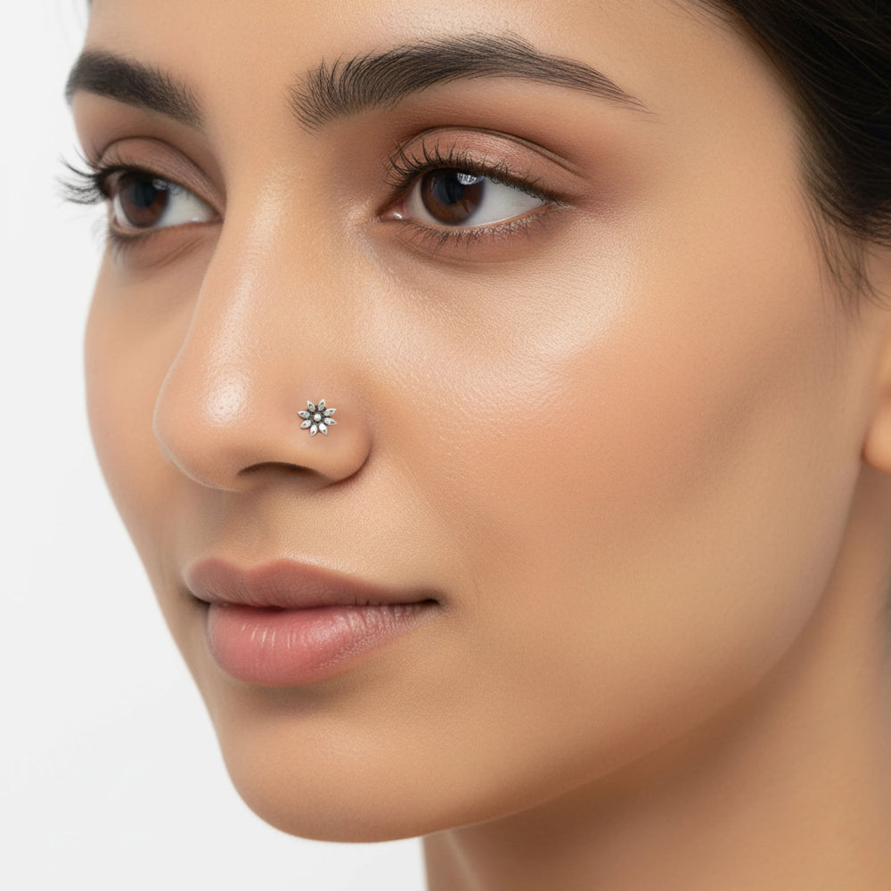 Oxidised Silver Floral Nose Pin