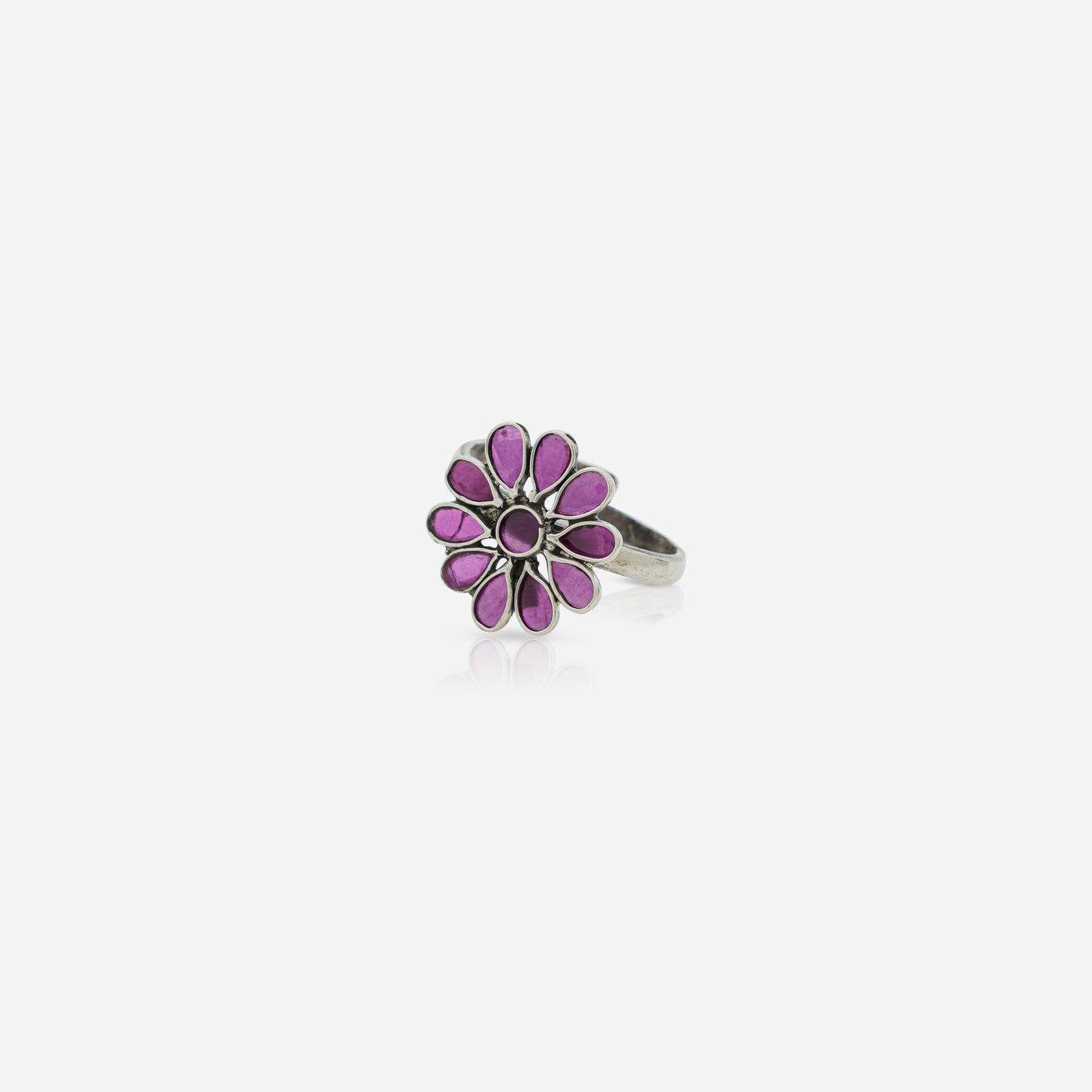 Adjustable 925 Silver Ring for women with pink stone floral motif and handcrafted Indian heritage design.