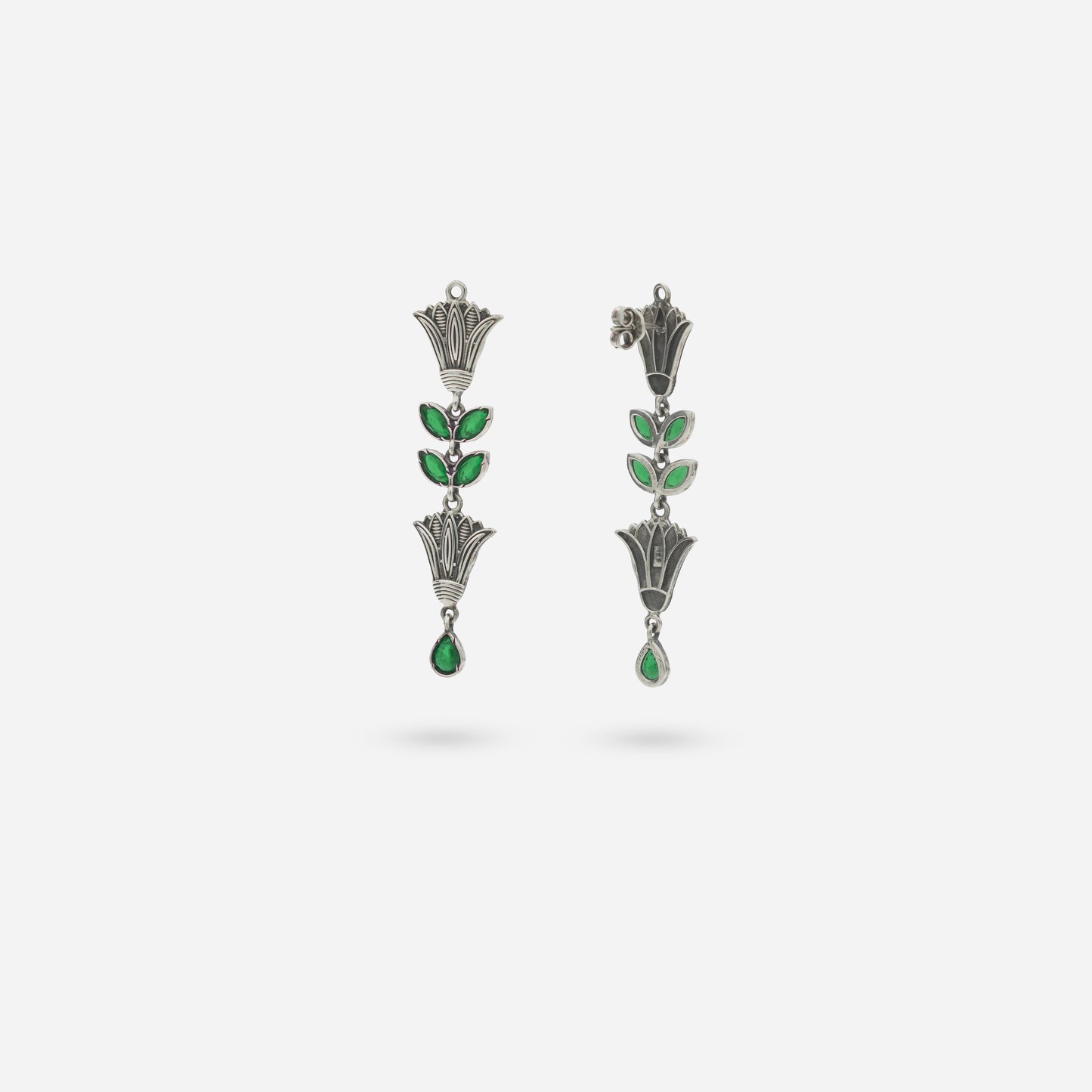 925 Sterling Silver Green Stone Floral Drop Earrings for women featuring a tiered heritage design and handcrafted oxidized finish.