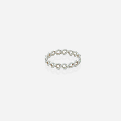 Silver ring with a chain design on a white background
