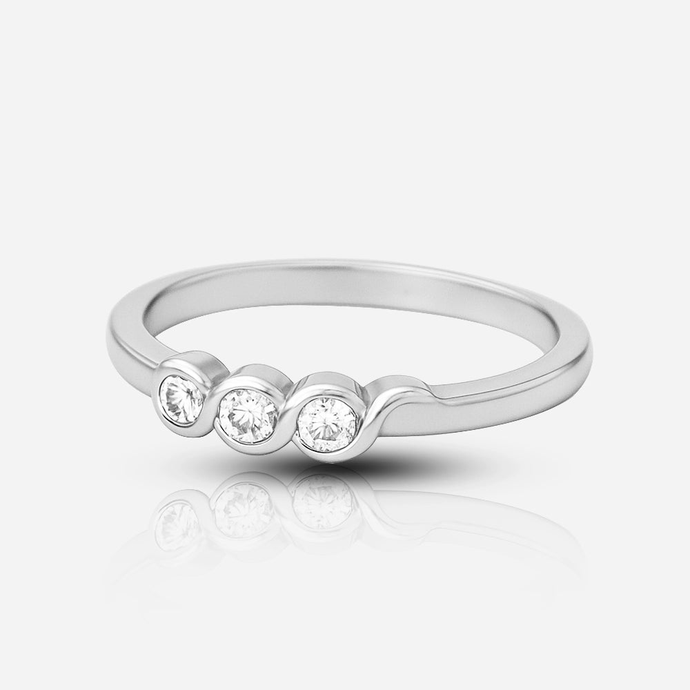 Silver ring with three diamonds on a white background