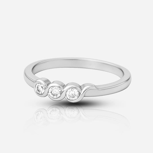 Silver ring with three diamonds on a white background