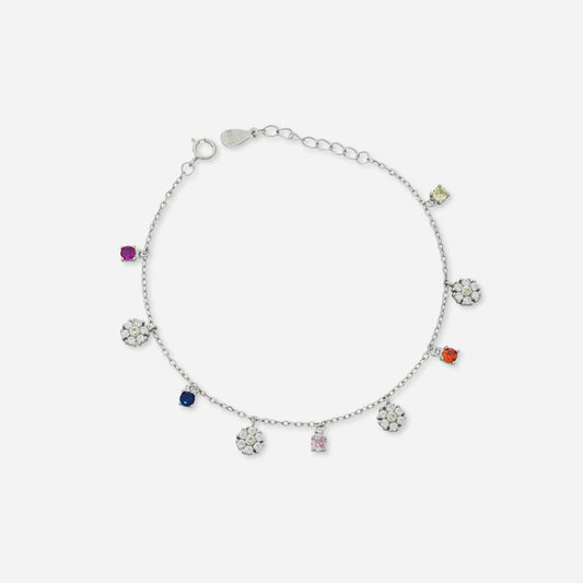 925 Sterling Silver Floral Charm Bracelet for women featuring a white zirconia flower motif and multi-color hanging zirconia charms.