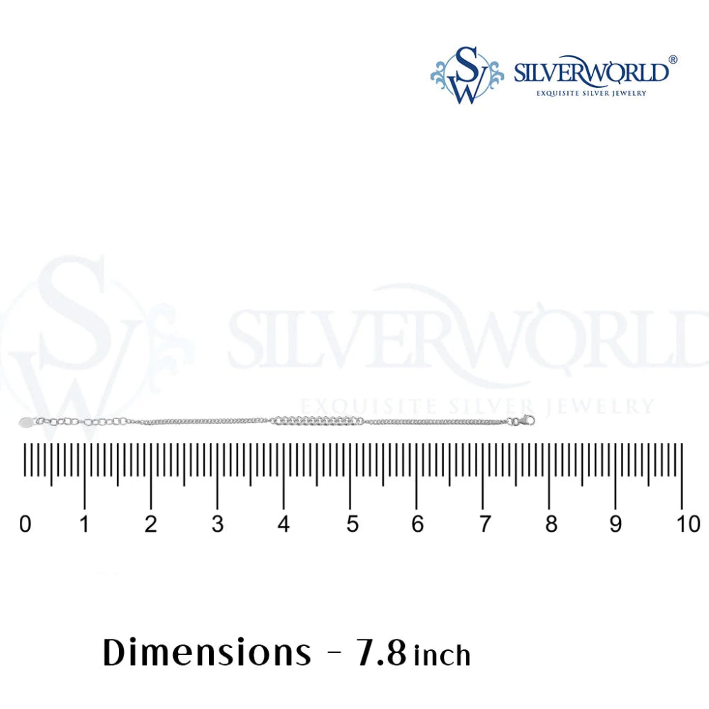 Silver bracelet with ruler for measurement on a white background, featuring the SilverWorld logo.