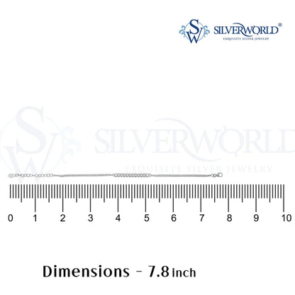 Silver bracelet with ruler for measurement on a white background, featuring the SilverWorld logo.