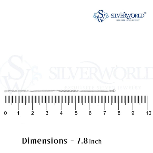 Silver bracelet with ruler for measurement on a white background, featuring the SilverWorld logo.