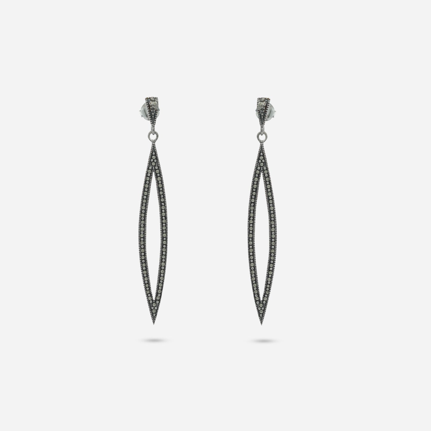 925 Sterling Silver Swiss Marcasite Needle Drop Earrings for women featuring an elongated leaf silhouette and a heritage oxidized finish.
