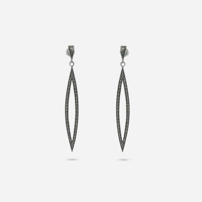 925 Sterling Silver Swiss Marcasite Needle Drop Earrings for women featuring an elongated leaf silhouette and a heritage oxidized finish.