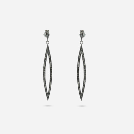 925 Sterling Silver Swiss Marcasite Needle Drop Earrings for women featuring an elongated leaf silhouette and a heritage oxidized finish.