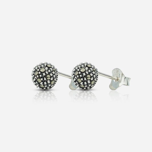 Pair of silver ball earrings with clear stones by Silver World - Best Silver shops in Delhi.