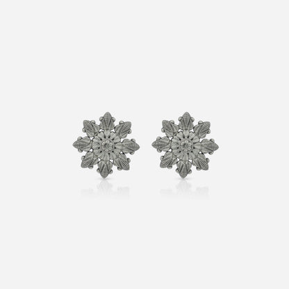 925 Sterling Silver Tribal Floral Stud Earrings for women featuring handcrafted sunburst engravings and a heritage oxidized finish.