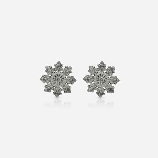 925 Sterling Silver Tribal Floral Stud Earrings for women featuring handcrafted sunburst engravings and a heritage oxidized finish.