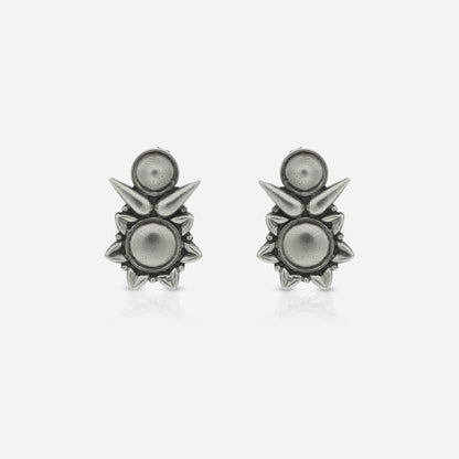 925 Sterling Silver Tribal Geometric Bloom Stud Earrings for women featuring a sharp sunburst silhouette and a heritage oxidized finish.