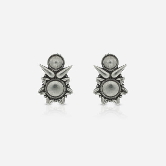 925 Sterling Silver Tribal Geometric Bloom Stud Earrings for women featuring a sharp sunburst silhouette and a heritage oxidized finish.