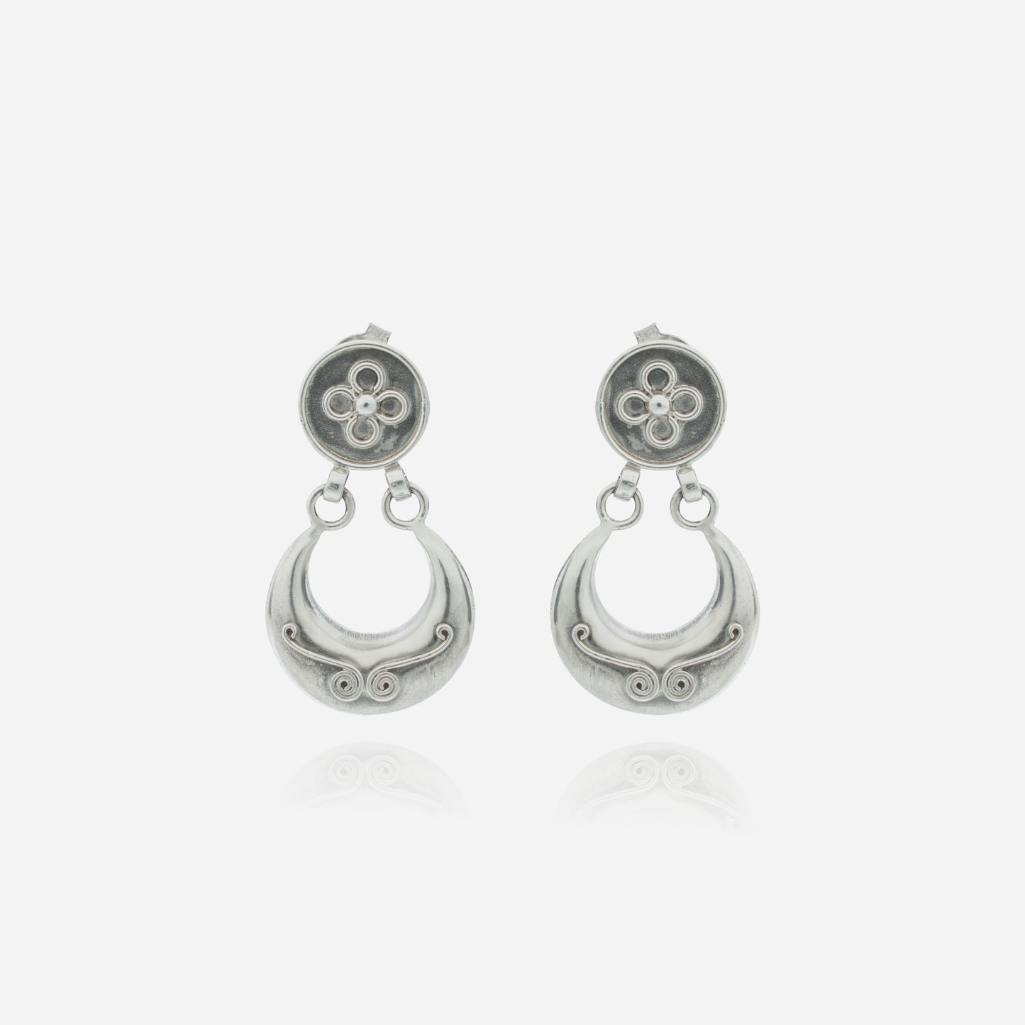925 Sterling Silver Tribal Crescent Dangler Earrings for women featuring a handcrafted floral stud and a heritage scrollwork medallion.