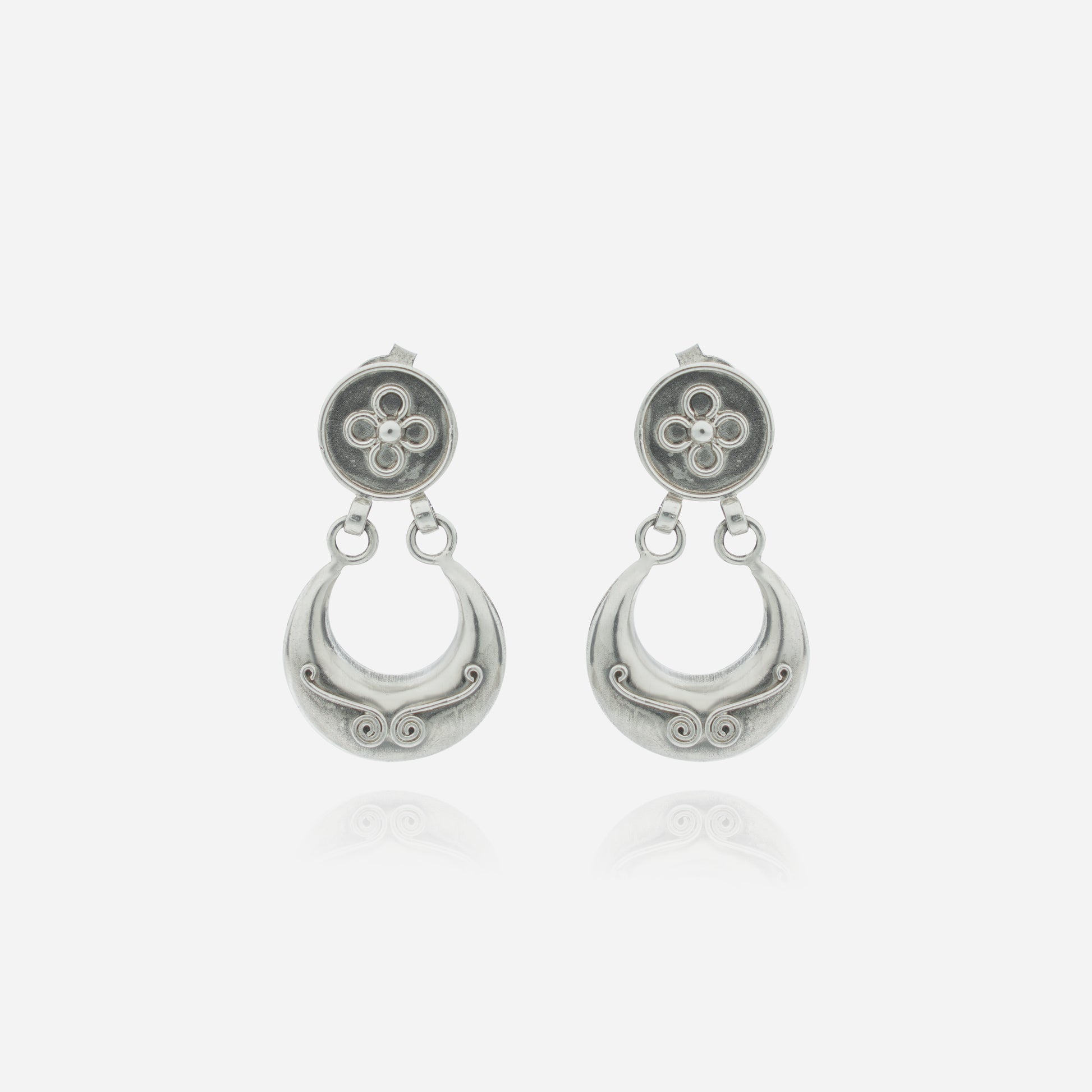 925 Sterling Silver Tribal Crescent Dangler Earrings for women featuring a handcrafted floral stud and a heritage scrollwork medallion.