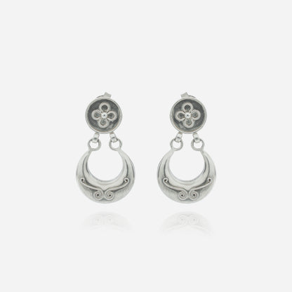 925 Sterling Silver Tribal Crescent Dangler Earrings for women featuring a handcrafted floral stud and a heritage scrollwork medallion.